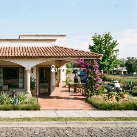 Planos de casa colonial Girasol: Tradición y Confort Fachada con arcos y tejas de los Planos de casa colonial Girasol, destacando su porche con buganvillas y suelos de barro.
