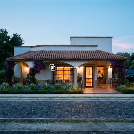 Planos de casa colonial Girasol: Elegancia y Tradición Fachada iluminada de los Planos de casa colonial Girasol con techos de teja y buganvilias.