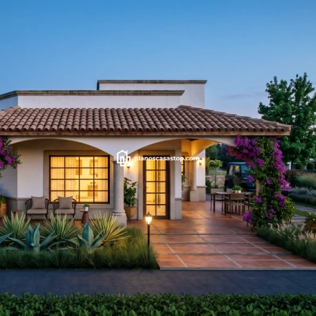 Planos de casa colonial Girasol: Elegancia y Confort Fachada de los planos de casa colonial Girasol con techos de teja y buganvillas en un jardín al atardecer.
