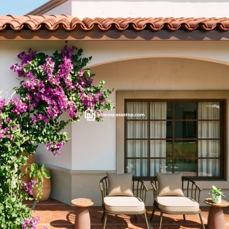 Planos de casa colonial Girasol: Diseño y Tradición Terraza de los Planos de casa colonial Girasol con buganvilias, tejas de barro y mobiliario de exterior acogedor.