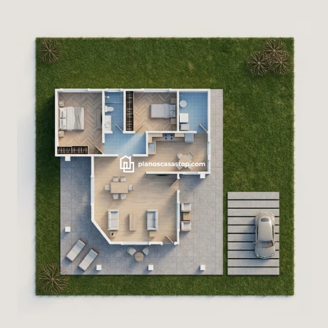 Planos de casa colonial Girasol: Diseño Moderno y Funcional Planta 3D de los Planos de casa colonial Girasol con dos dormitorios, mobiliario moderno y amplia terraza exterior.