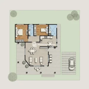 Planta arquitectónica de los Planos de casa colonial Girasol con dos dormitorios, terraza extendida y acabados en madera.