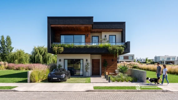 Fachada moderna Laurel plano de casa de 2 pisos con acabados en madera, negro mate y un balcón con vegetación natural.