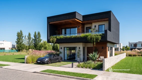 Fachada moderna del Laurel plano de casa de 2 pisos con acabados en negro, madera y jardín frontal.