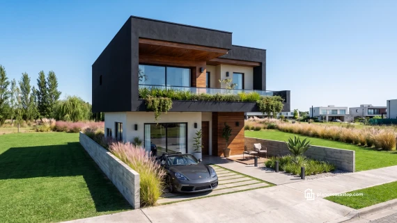 Laurel plano de casa de 2 pisos de estilo moderno con fachada en negro y madera, balcón verde y estacionamiento frontal.