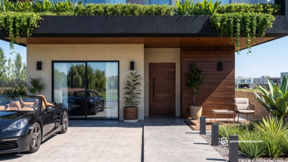 Entrada moderna con madera y estuco del modelo Laurel plano de casa de 2 pisos con terraza verde y coche deportivo.