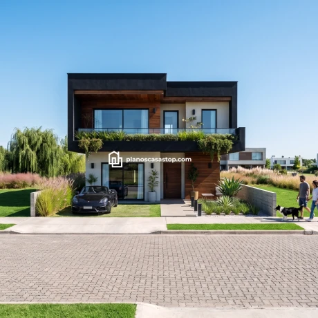 Laurel: Plano de Casa de 2 Pisos con Estilo Contemporáneo Fachada moderna del modelo Laurel plano de casa de 2 pisos con acabados en madera, negro y balcones verdes.