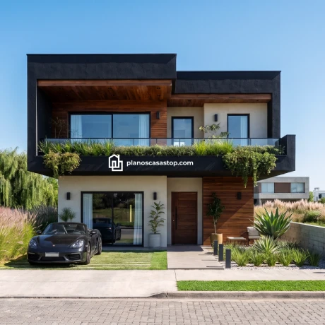 Diseño Laurel: Plano de Casa de 2 Pisos Moderna Fachada moderna del Laurel plano de casa de 2 pisos con revestimiento de madera, balcones verdes y acabados en color negro.