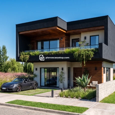 Diseño Laurel: Plano de casa de 2 pisos moderna Fachada moderna del Laurel plano de casa de 2 pisos con acabados en negro y madera, balcones verdes y auto deportivo.
