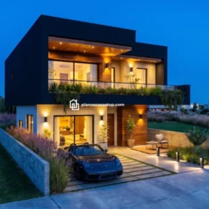 Fachada moderna del Laurel plano de casa de 2 pisos con acabados en madera, iluminación cálida y diseño minimalista.