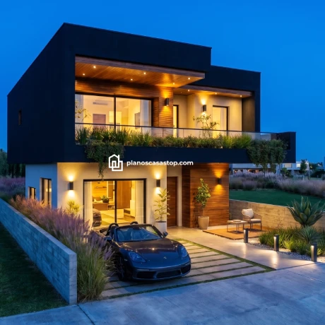 Fachada moderna del Laurel plano de casa de 2 pisos con acabados en madera, iluminación cálida y diseño minimalista.