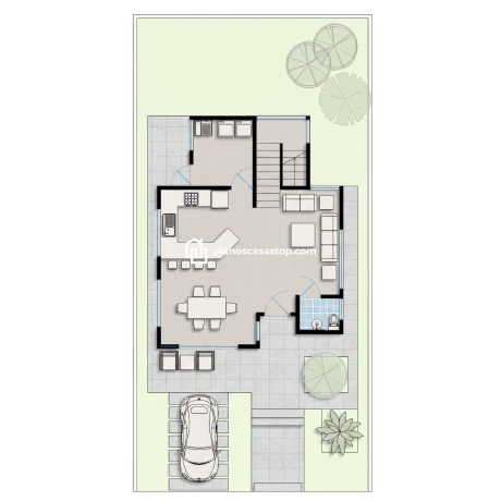 Laurel: Plano de Casa de 2 Pisos con Estilo Moderno Laurel plano de casa de 2 pisos mostrando la distribución funcional de la planta baja con áreas sociales integradas.