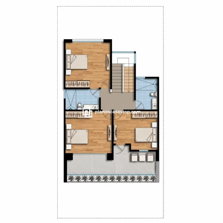 Laurel: Plano de Casa de 2 Pisos Moderno y Funcional Vista superior del modelo Laurel plano de casa de 2 pisos con tres dormitorios, baños y amplia terraza moderna.
