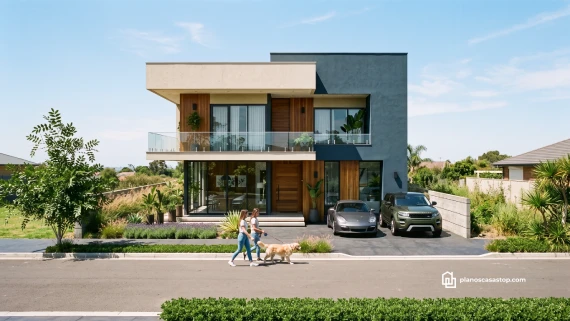 Fachada moderna de los Planos de casa de 2 pisos Mora con acabados en madera, concreto y grandes ventanales.