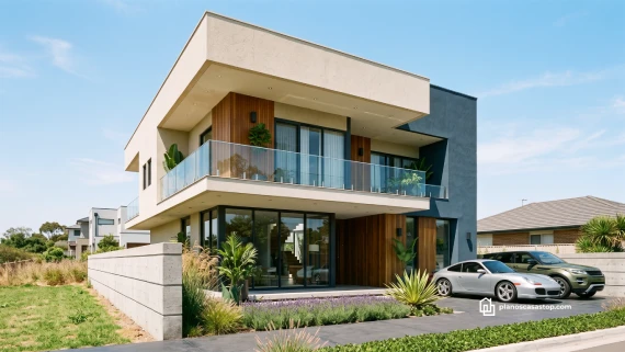 Fachada moderna de los Planos de casa de 2 pisos Mora con volúmenes geométricos, madera y amplios ventanales de vidrio.