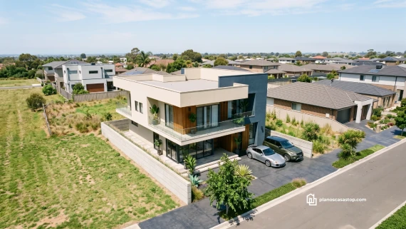 Fachada moderna de los planos de casa de 2 pisos Mora con balcones de cristal y detalles en madera.