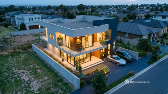 Arquitectura contemporánea en los planos de casa de 2 pisos Mora con acabados en madera, cristal y luz cálida.