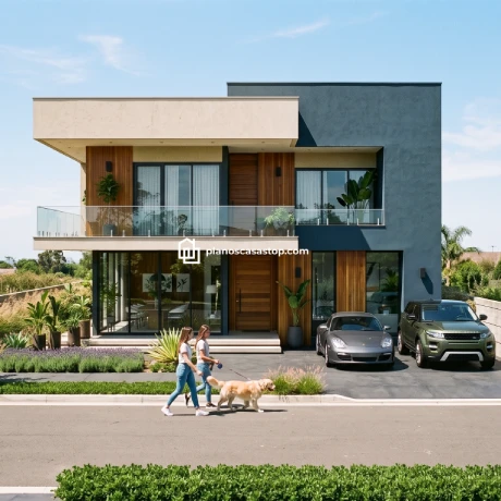 Planos de casa de 2 pisos Mora: Diseño y Modernidad Fachada moderna de los Planos de casa de 2 pisos Mora con revestimiento de madera, ventanales y balcón de cristal.