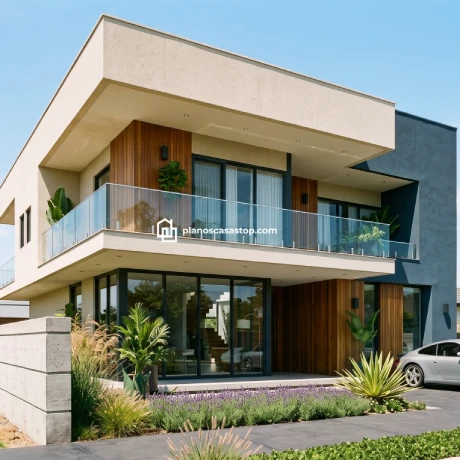 Planos de casa de 2 pisos Mora: Diseño Moderno y Lujo Fachada moderna de los Planos de casa de 2 pisos Mora con balcones de cristal y revestimiento de madera elegante.