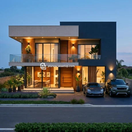 Planos de casa de 2 pisos Mora: Diseño Moderno y Elegante Fachada moderna con madera y cristal inspirada en planos de casa de 2 pisos Mora al atardecer.