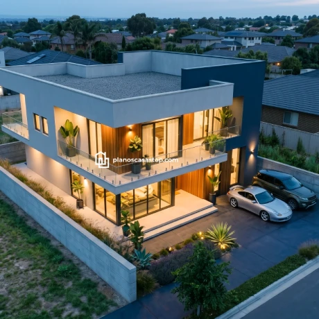 Fachada moderna de los Planos de casa de 2 pisos Mora con acabados en madera y amplios balcones de cristal al atardecer.