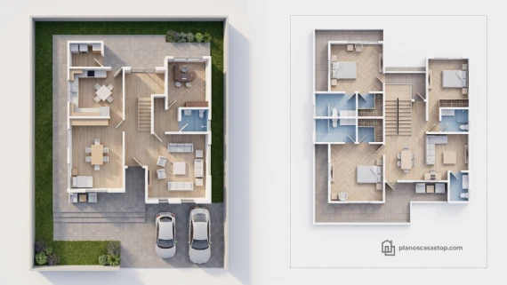 Vista 3D de los Planos de casa de 2 pisos Mora con distribución moderna, jardín perimetral y cochera doble.