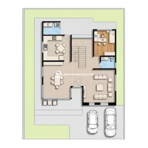 Distribución detallada de planos de casa de 2 pisos Mora con sala, comedor, cocina y garaje doble.