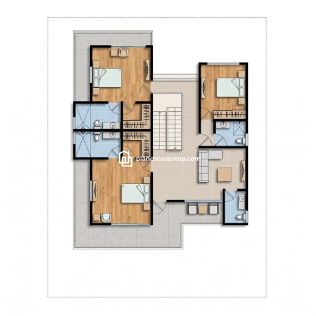 Planos de casa de 2 pisos Mora: Planta Superior Distribución del segundo nivel en los Planos de casa de 2 pisos Mora con tres dormitorios y acabados en madera.