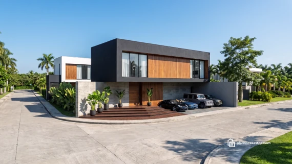 Fachada de lujo basada en los planos de casa moderna Olmo con acabados en madera, negro mate y concreto.