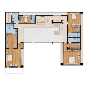 Planos de casa moderna Olmo con distribución en U, dormitorios amplios y suelos de madera clara en planta arquitectónica.