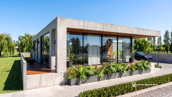 Fachada de Casa Flora diseño moderno 20x20 con concreto visto, grandes ventanales y vegetación integrada.