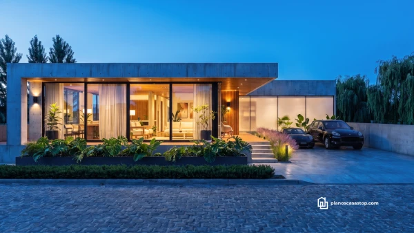 Fachada de Casa Flora diseño moderno 20x20 con concreto visto, grandes ventanales e iluminación cálida al atardecer.