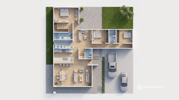 Plano 3D de la Casa Flora diseño moderno 20x20 con distribución de 3 recámaras, garaje y áreas verdes integradas.